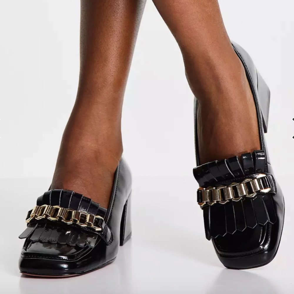 ASOS DESIGN Spencer mid-heeled chain loafers in black